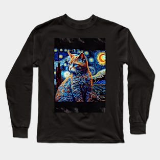 Cool Cat Portrait - Van Gogh The Starry Night Style Long Sleeve T-Shirt